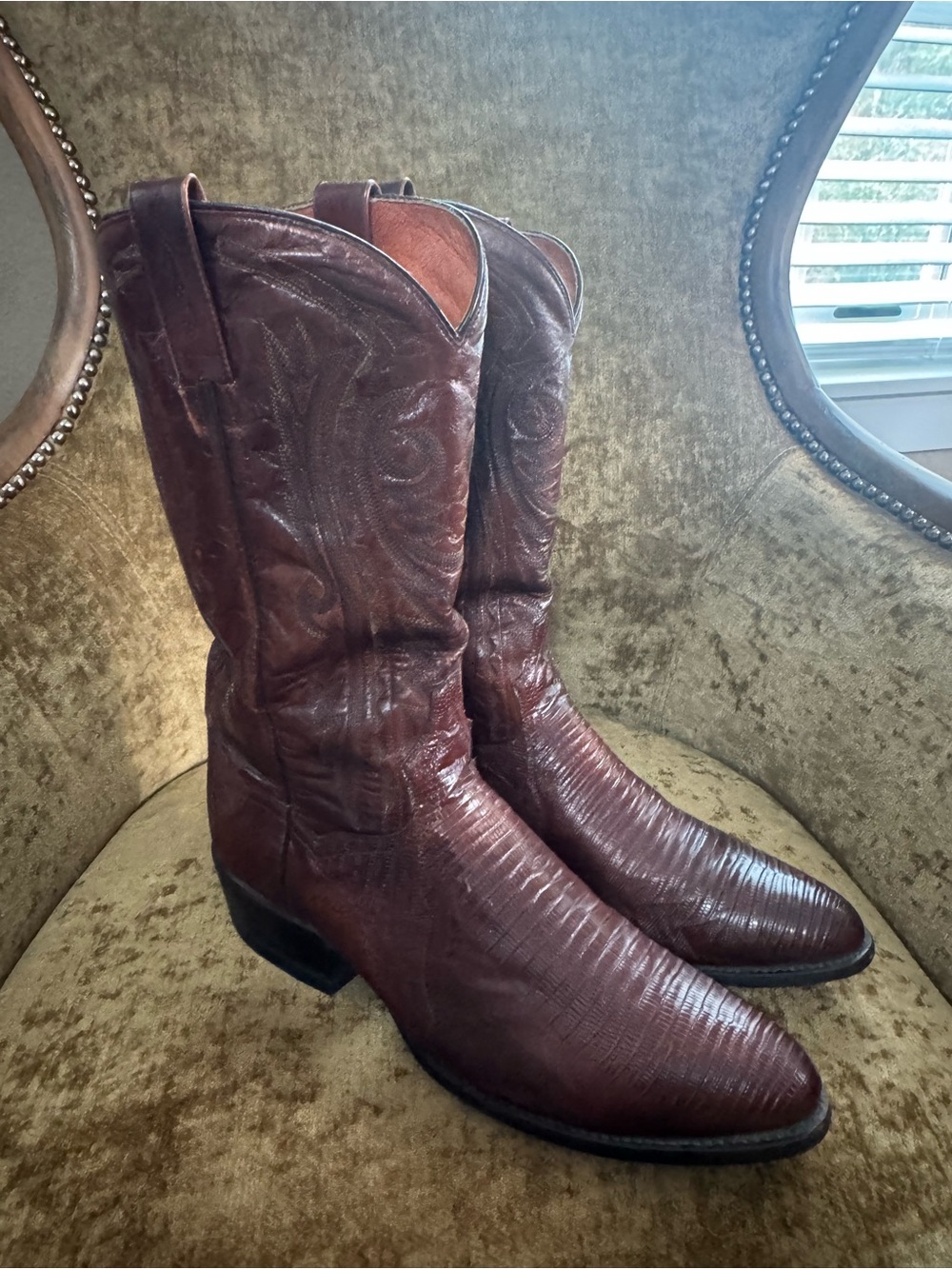 Dan Post Brown Leather Western Cowboy Boots with Embossed Shaft